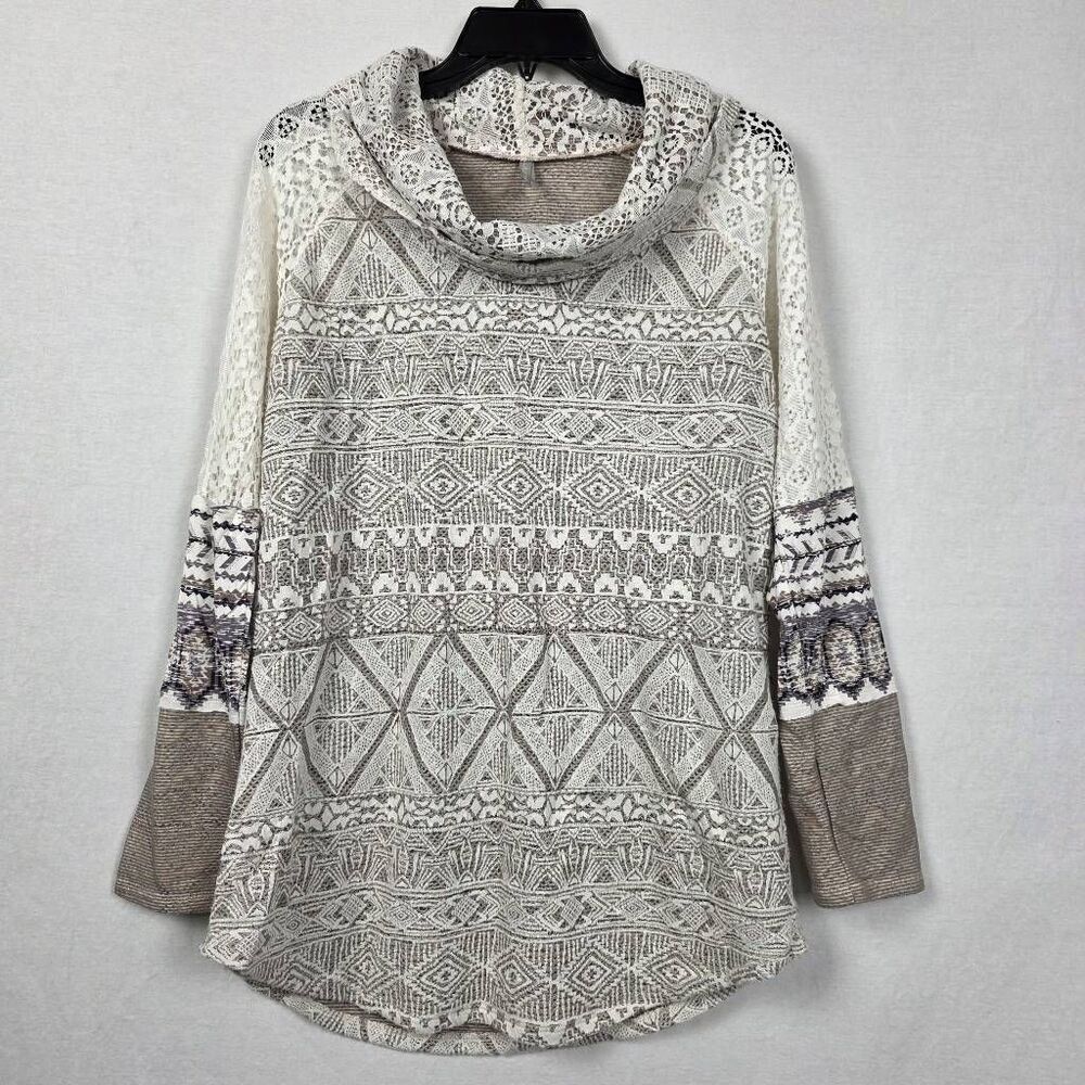 Vanity M Lace Mixed Knit Hoodie Cowl Neck Boho Top